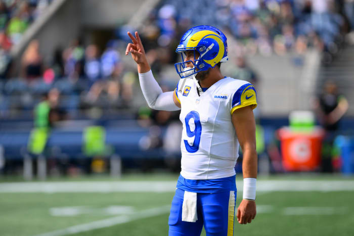 Los Angeles Rams quarterback Matthew Stafford models the teams white jerseys.